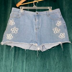 Shein Curve Blue Jean Shorts with White Floral Embroidery